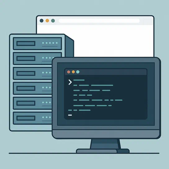 Illustration d'un système de gestion de serveurs avec un terminal web, montrant un écran et des racks.