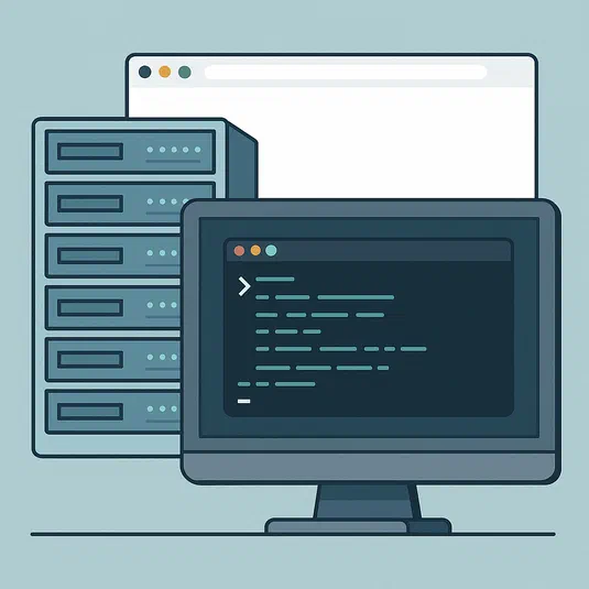 Illustration d'un système de gestion de serveurs avec un terminal web, montrant un écran et des racks.