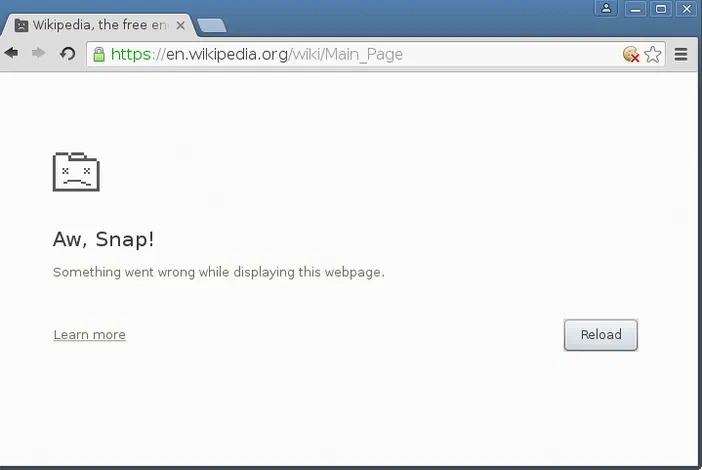 Capture d'écran de l'erreur 'Aw, Snap!' dans le navigateur Chromium.