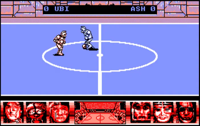 Capture d'écran du jeu vidéo Skateball montrant deux personnages sur un terrain bleu avec des lignes blanches, encadré par une interface graphique rouge et bleue.