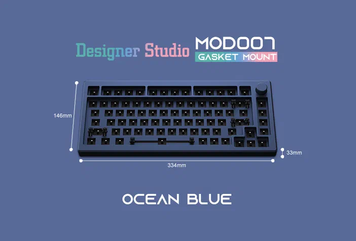 Clavier mécanique Ocean Blue de la gamme MODOO7 avec montage gasket et dimensions indiquées