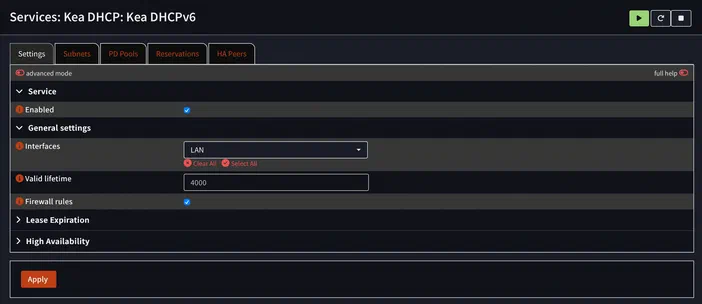 Capture d'écran de l'interface Kea DHCPv6 sur OPNsense, affichant les paramètres des services avec une sélection active pour la durée de validité.