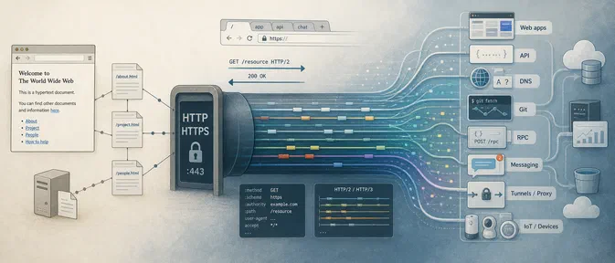Illustration technique montrant le protocole HTTP au centre, connecté à divers services comme DNS, Git et messagerie.