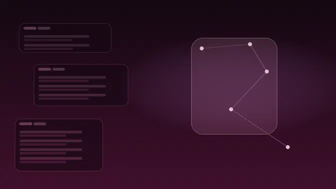 Illustration abstraite éditoriale avec trois panneaux rectangulaires à gauche et un diagramme de constellations à droite sur fond violet foncé.