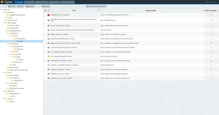 Interface du gestionnaire de signets Cyca affichant une liste d'extensions disponibles pour le navigateur.