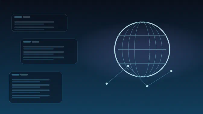Illustration abstraite éditoriale sur Internet et son architecture, avec globe stylisé, arcs de connexion et ambiance rétro-web 2012.