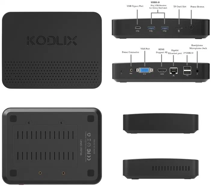 Un boîtier Kodlix noir avec ses ports et connecteurs illustrés