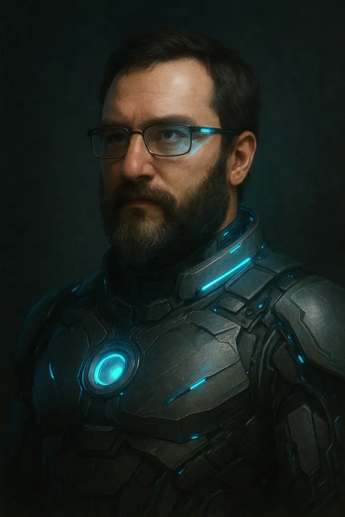Portrait d'un homme à barbe et lunettes, vêtu d'une armure futuriste avec des lumières bleues.