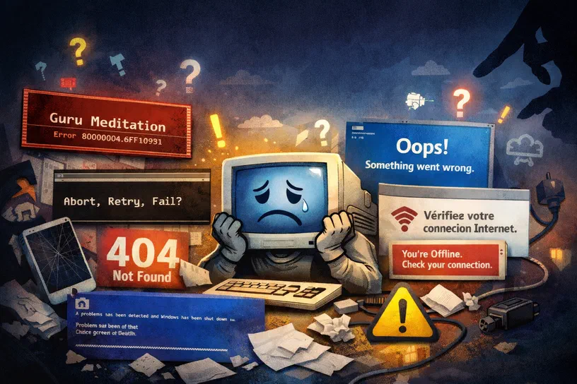 Illustration d'un ordinateur anthropomorphe triste entouré de messages d'erreur informatiques comme '404 Not Found', 'Abort, Retry, Fail?' et 'Guru Meditation'.
