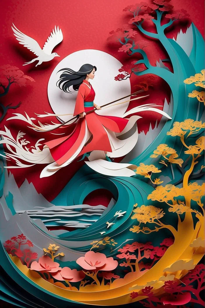 Animation en style papier découpé de Mulan tenant une lance devant un cercle blanc sur fond rouge.