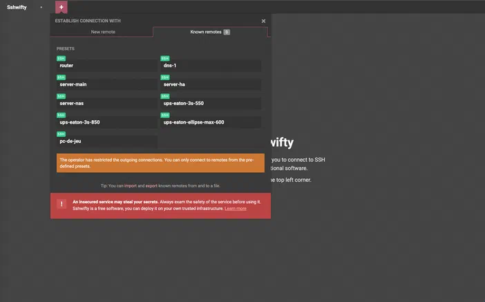 Interface de l'application Sshwifty affichant une liste d'hôtes SSH préconfigurés et des messages système.