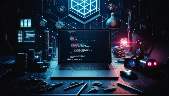 Illustration d'un ordinateur portable affichant du code sur un bureau technique avec des outils informatiques et une lampe.