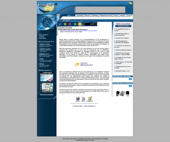 Capture d'écran de l'actualité du site Presence-PC sur la place des distributions Linux dans les foyers.