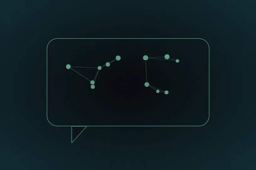 Bulle de dialogue aux angles arrondis contenant un réseau de noeuds circulaires reliés par des segments sur fond sombre.