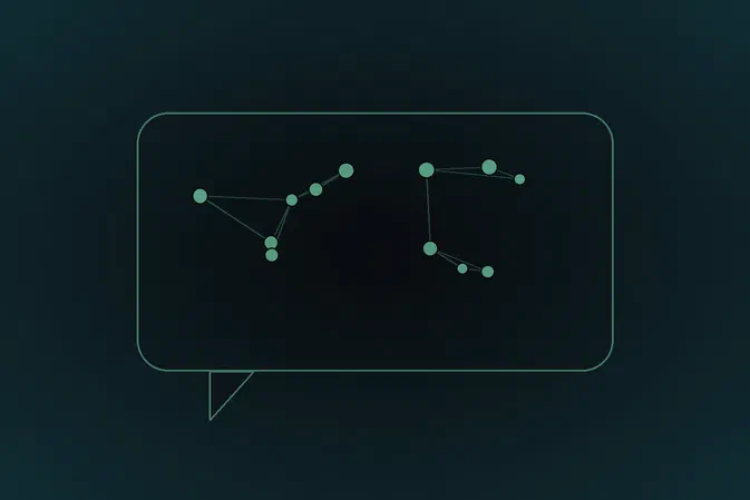 Bulle de dialogue aux angles arrondis contenant un réseau de noeuds circulaires reliés par des segments sur fond sombre.