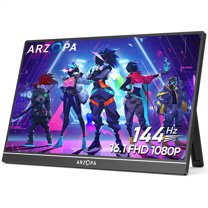 Écran portable Arzopa Z1FC affichant une illustration de personnages animés avec les spécifications techniques : 144 Hz et 16.1 pouces FHD.