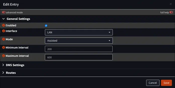 Capture d'écran de l'interface Opnsense en mode assisté pour le protocole IPv6