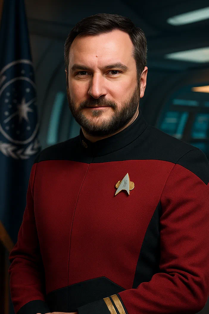 Portrait d'un capitaine de Starfleet en uniforme rouge et noir, avec un insigne sur la poitrine.