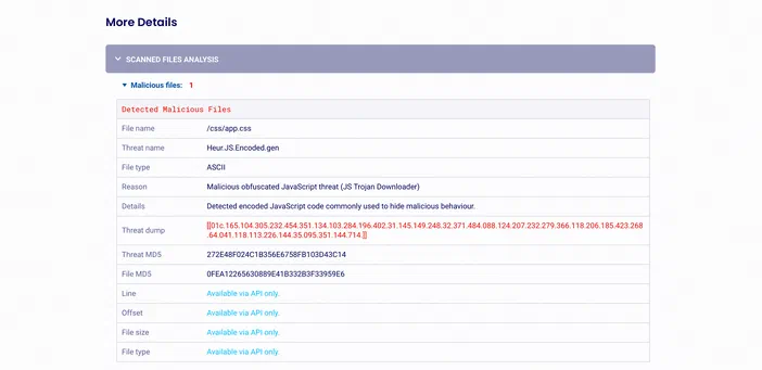 Capture d'écran de l'interface 'More Details' affichant une analyse des fichiers scannés avec un fichier malveillant détecté nommé '/css/app.css', identifié comme une menace JavaScript obfusquée.