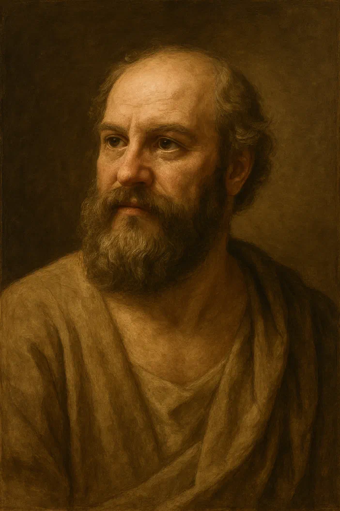 Portrait de Socrate, figure barbus et chauve vêtue d'une toge classique sur fond sombre.