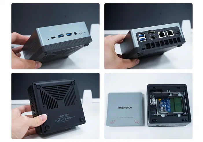 Quatre vues d'un mini-ordinateur MINISFORUM : ports USB et Ethernet sur le côté, ventilateur à l'arrière, boîtier ouvert montrant la carte mère.