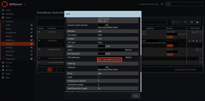 Capture d'écran de l'interface OPNsense montrant la configuration WAN avec une adresse IPv6 lien local (fe80) mise en évidence.