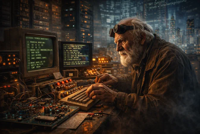 Un homme âgé à la barbe blanche travaille sur un clavier entouré de moniteurs CRT et d'équipements informatiques anciens dans une pièce sombre, avec des serveurs futuristes en arrière-plan.