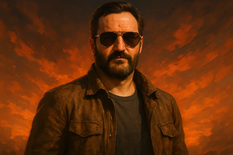 Portrait d'un homme à la barbe et aux lunettes de soleil, vêtu d'une veste en cuir marron sur un fond orange texturé.