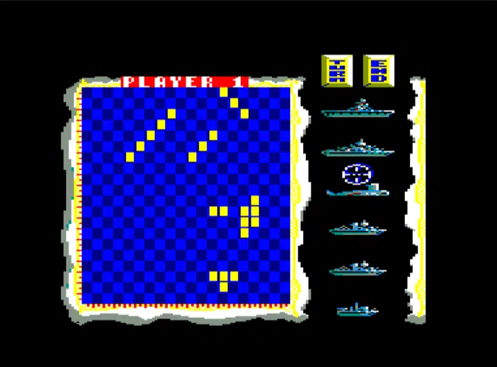 Capture d'écran du jeu de bataille navale Battle Ships, montrant une grille bleue avec des bateaux jaunes et un panneau latéral affichant les unités.