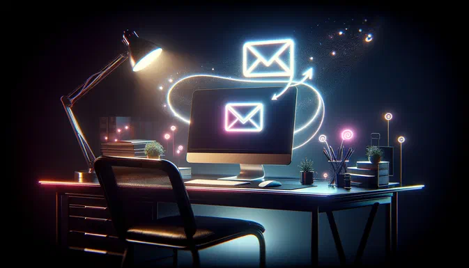 Bureau moderne avec ordinateur affichant une icône de courrier électronique néon et des enveloppes flottantes.