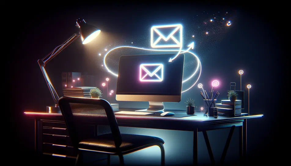 Bureau moderne avec ordinateur affichant une icône de courrier électronique néon et des enveloppes flottantes.