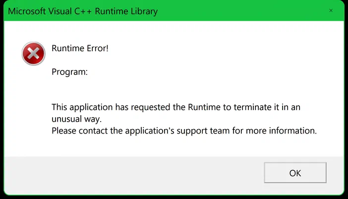 Une fenêtre d'erreur Microsoft Visual C++ Runtime Library affichant un message indiquant que l'application a demandé au runtime de la terminer.