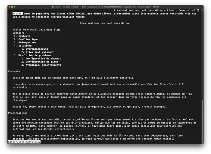 Capture d'écran de l'interface du navigateur links affichant un article de blog sur la refonte d'un site informatique.