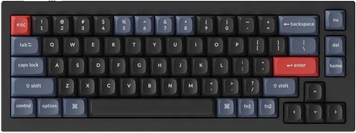 Clavier mécanique noir avec touches grises et rouges pour les fonctions spéciales.