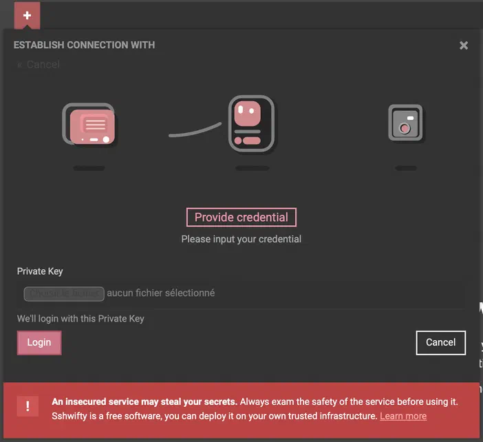 Écran de connexion SSHwifty demandant une clé privée pour se connecter à un hôte distant.